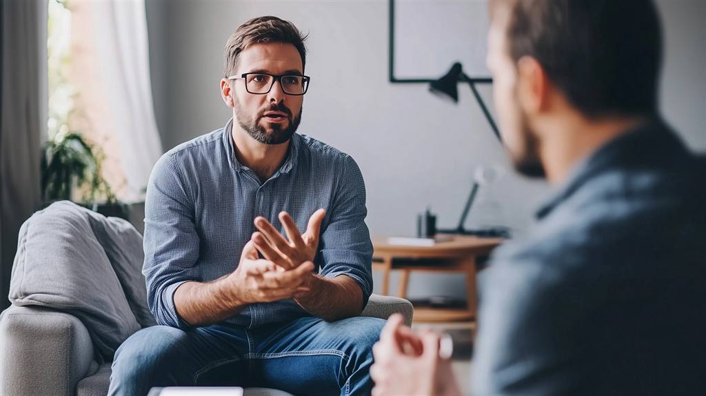 Homem conversando de forma aberta em uma sessão de terapia
