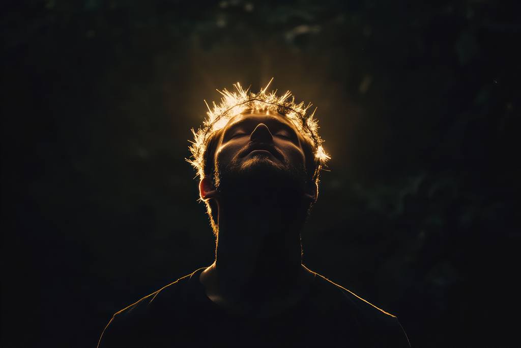 Silhueta de homem de olhos fechados iluminada por luz dourada à noite