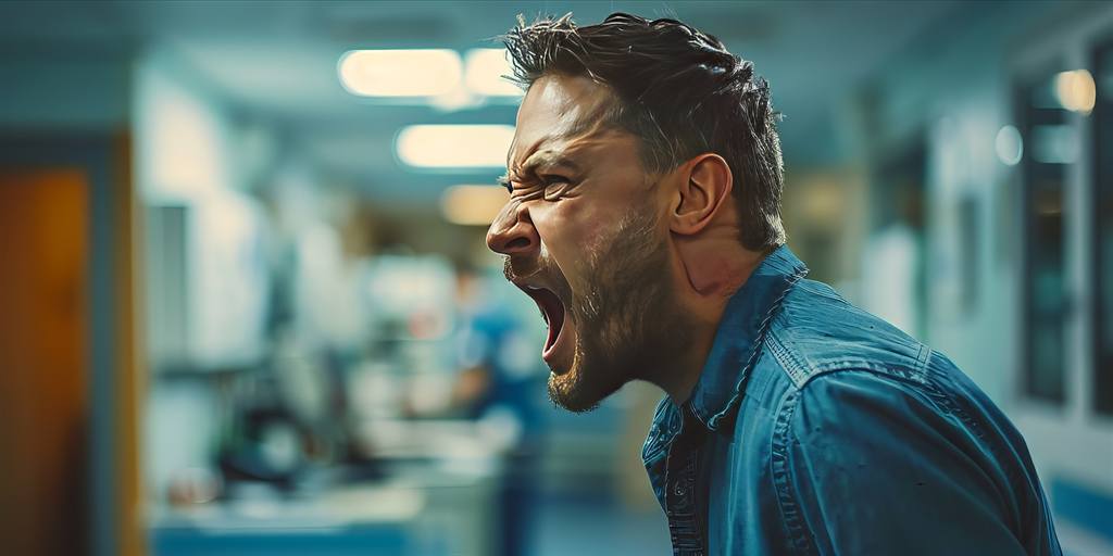 Homem gritando de raiva em um corredor