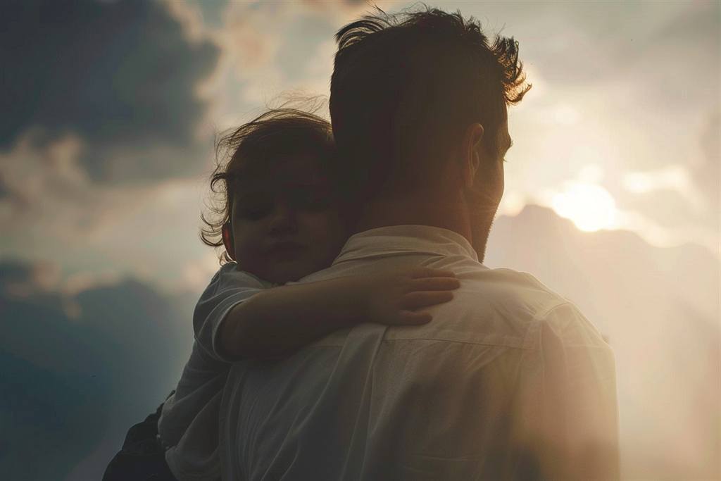 Pai abraçando o filho no colo ao pôr do sol
