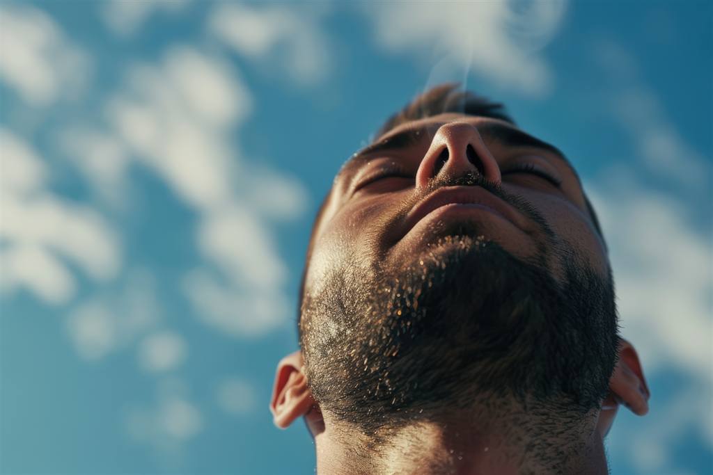 Homem respirando fundo ao ar livre, de olhos fechados, com o céu ao fundo